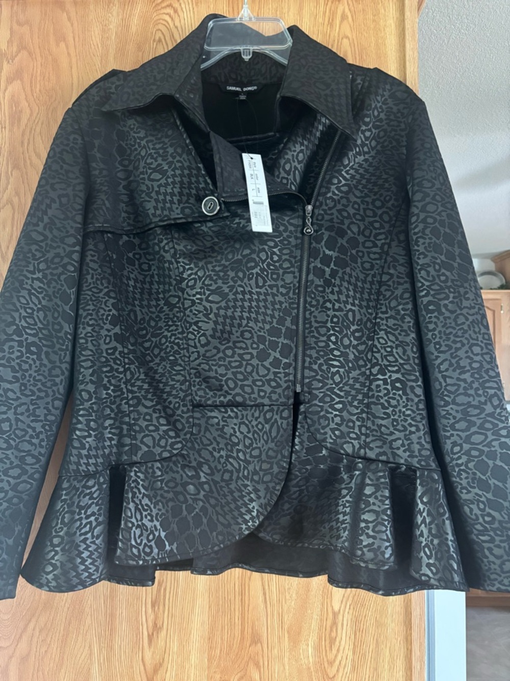 Samuel Dong NWT Black Jacquard Animal-Print Peplum Blazer